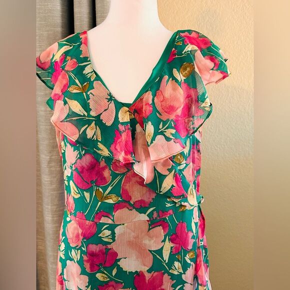 London Times Green and Pink Ruffled Floral Maxi Dress - Picture 1 of 6